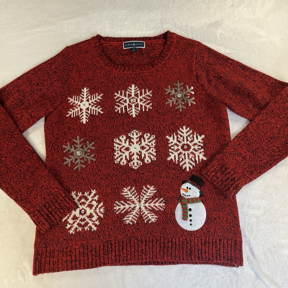 Karen Scott Women’s Christmas Sweater Crewneck Red Snowflake Snowman M